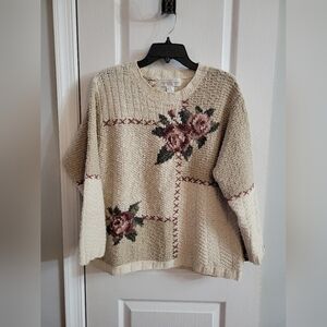 Jones New York Sport Vintage 90s Hand Knit Floral Ramie Cotton Linen Sweater